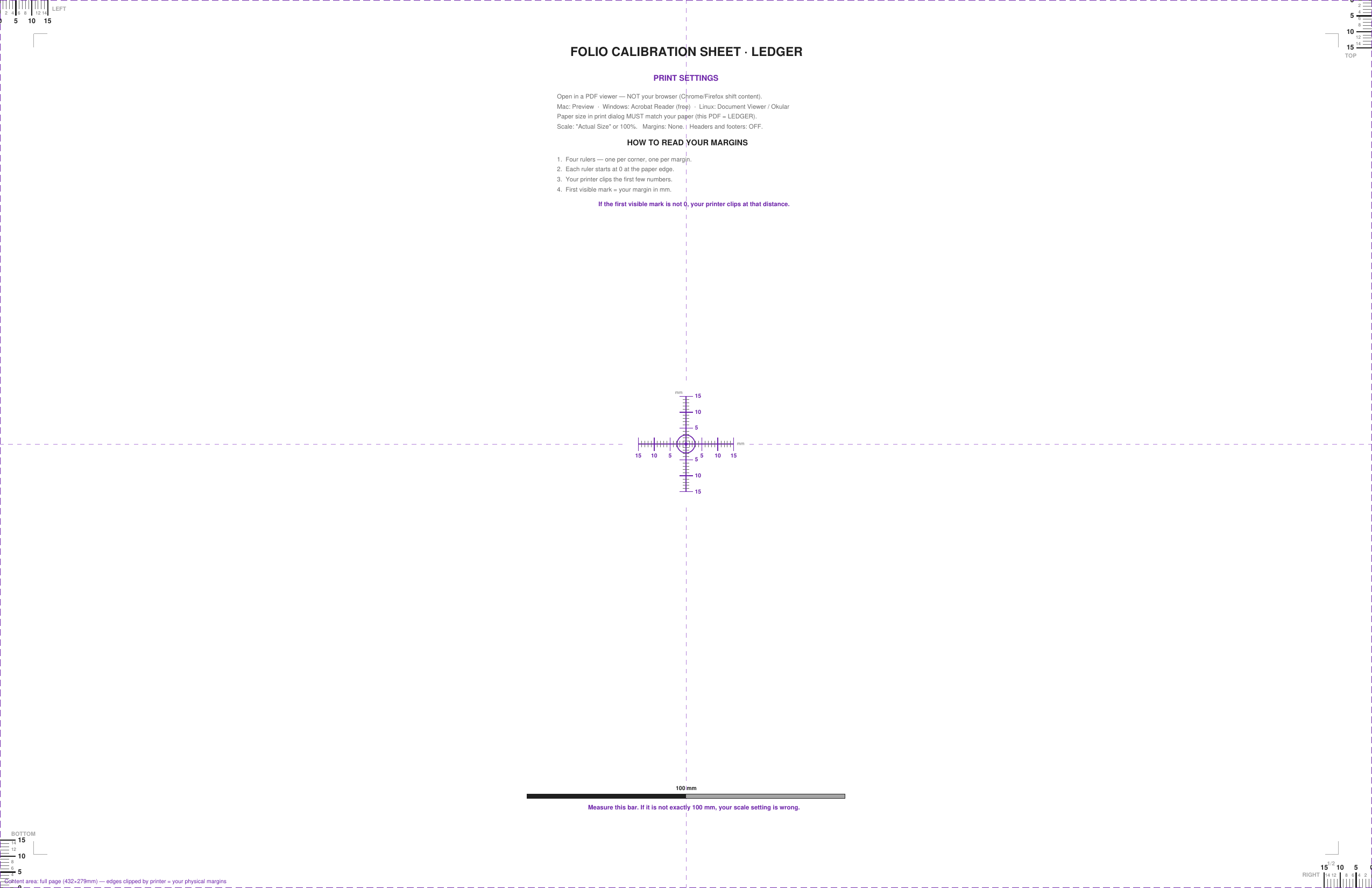 Folio calibration sheet with built-in rulers