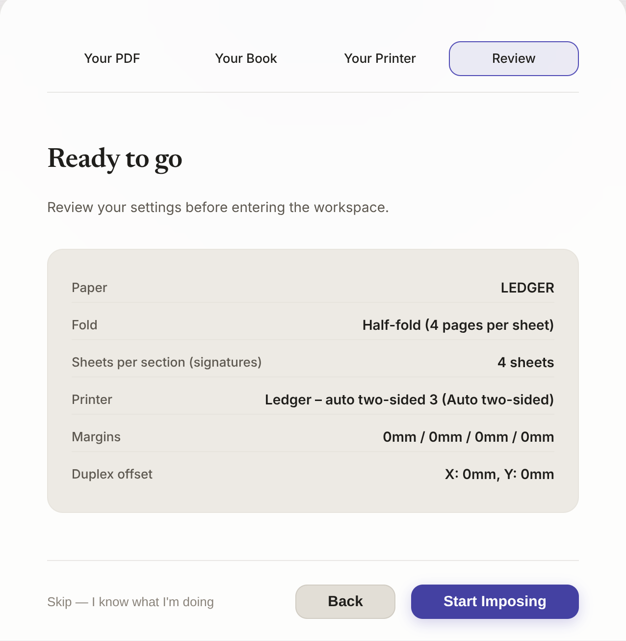 Ready to go: all settings confirmed